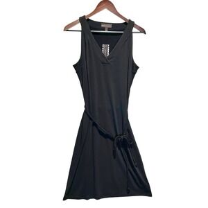 Dana Buchman Black‎ Sleeveless V Neck Dress S Braided Belt Minimalist Chic